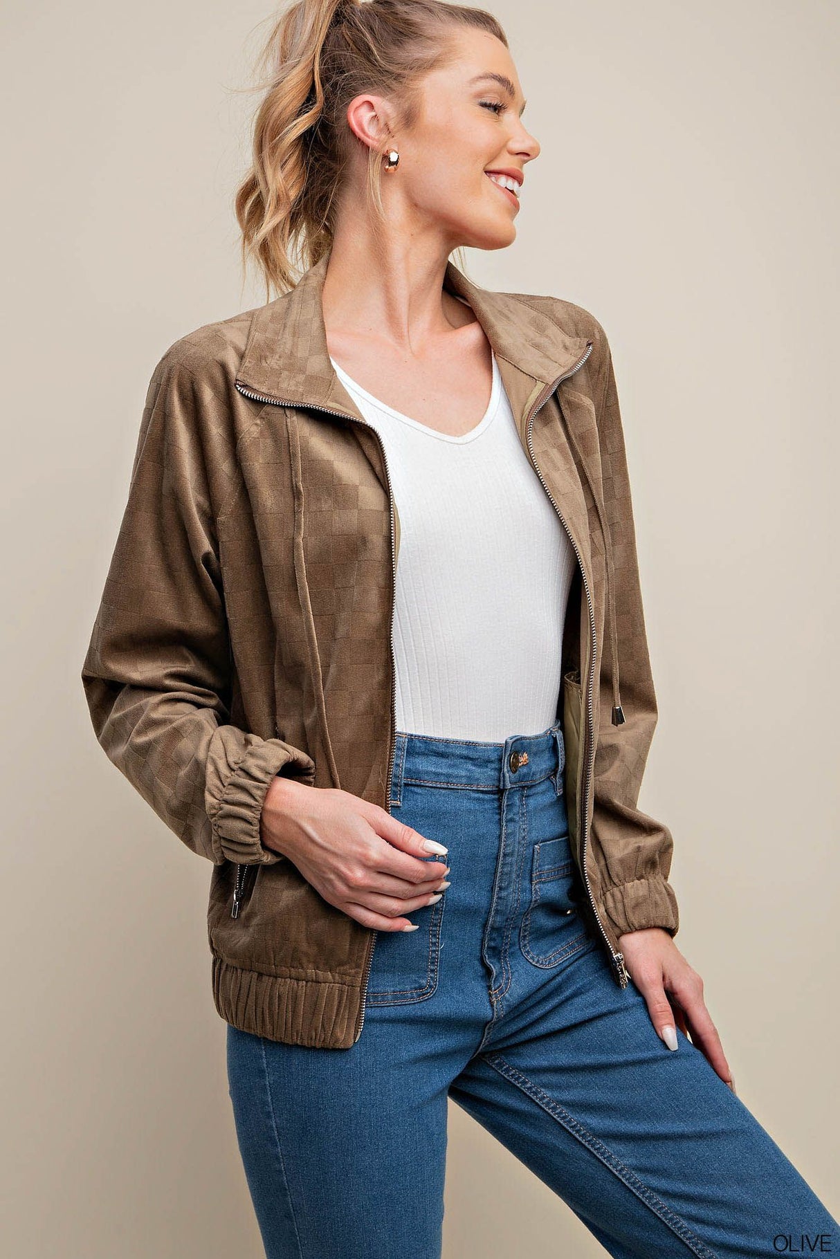 Check Burn Out Velvet Fabric Bomber Jacket