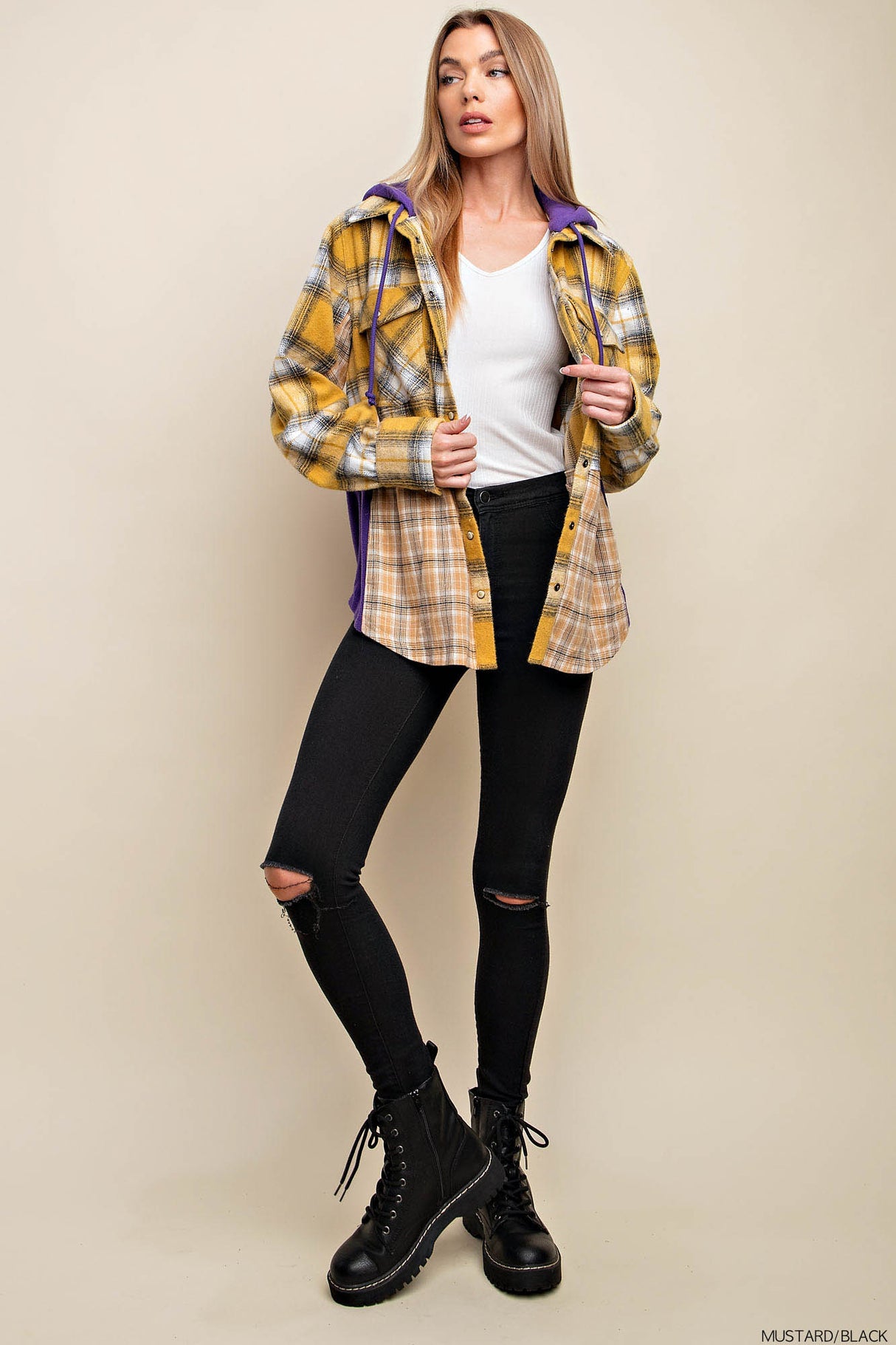 Soft Flannel Plaid Fabric Contrast Mix & Match Long Sleeve Hoodie Top