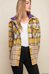 Soft Flannel Plaid Fabric Contrast Mix & Match Long Sleeve Hoodie Top