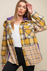 Soft Flannel Plaid Fabric Contrast Mix & Match Long Sleeve Hoodie Top