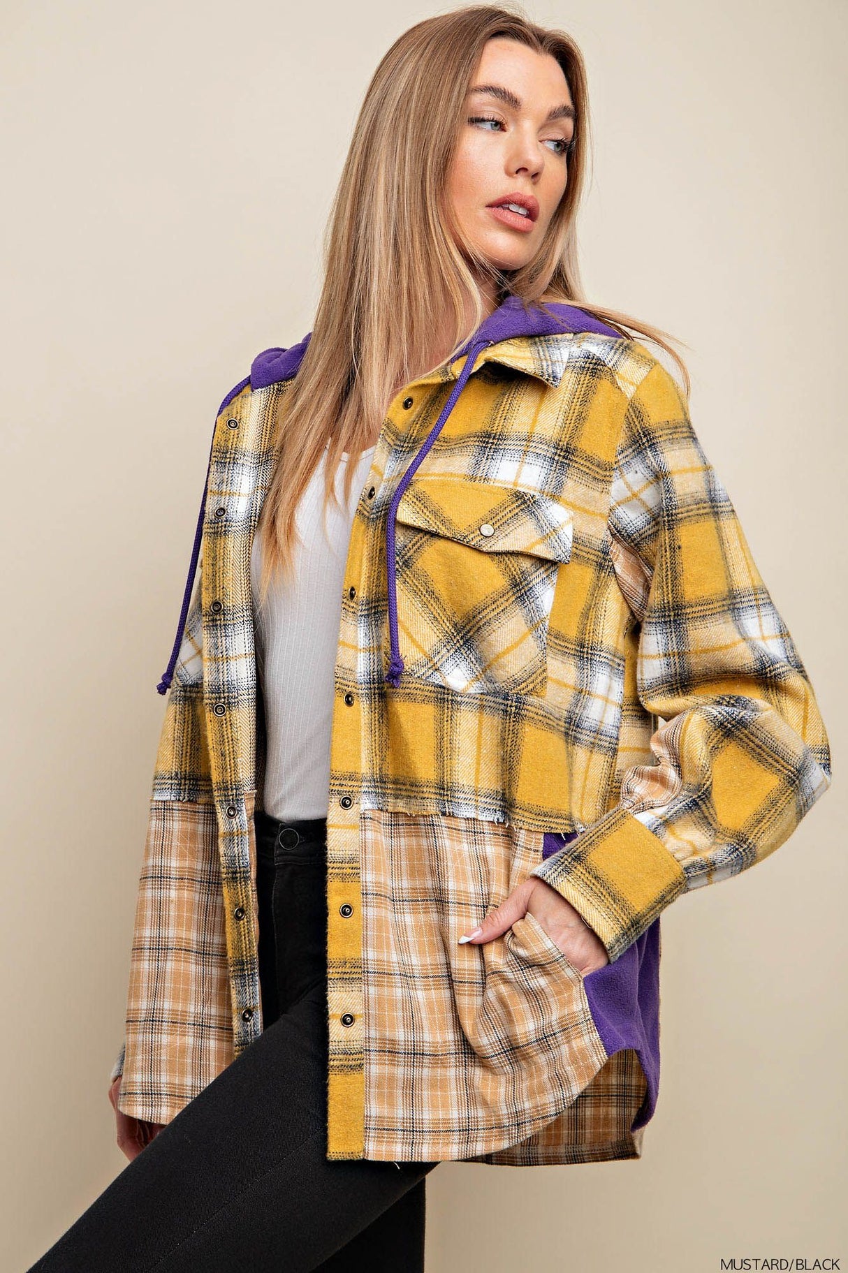 Soft Flannel Plaid Fabric Contrast Mix & Match Long Sleeve Hoodie Top