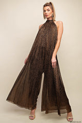 Metallic Pleats Two-Tone Fabric Hi-Neck Back-Tied Sleeveless Lined Side Pocket Wild Leg Jumpsuit