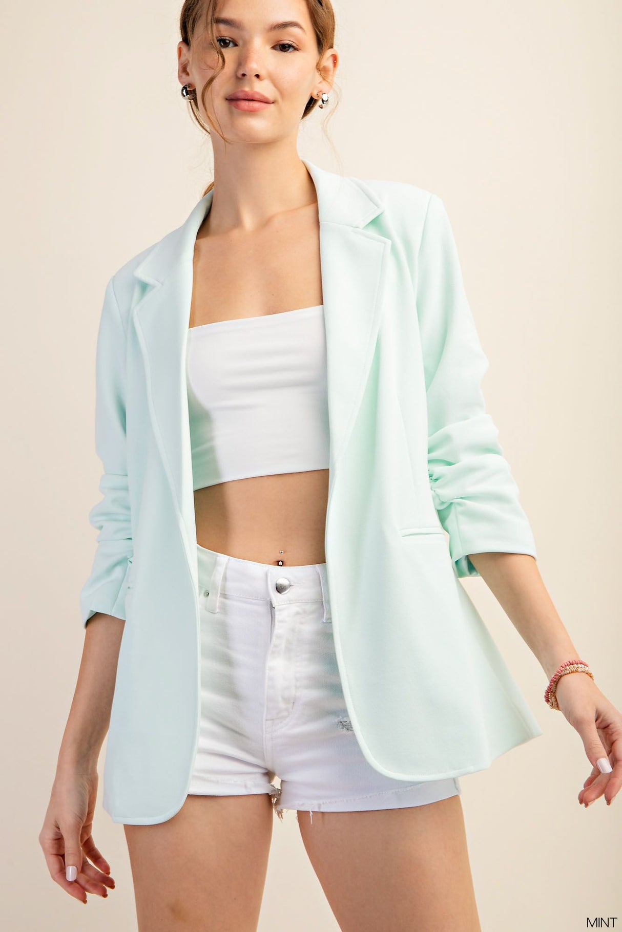 Essential Crepe Fabric Lined Cinch Sleeves Blazer