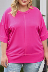 Pink Plus Size Ribbed 3/4 Sleeves Flowy Top