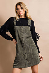 Corduroy Button Front Closures Overall Mini Dress