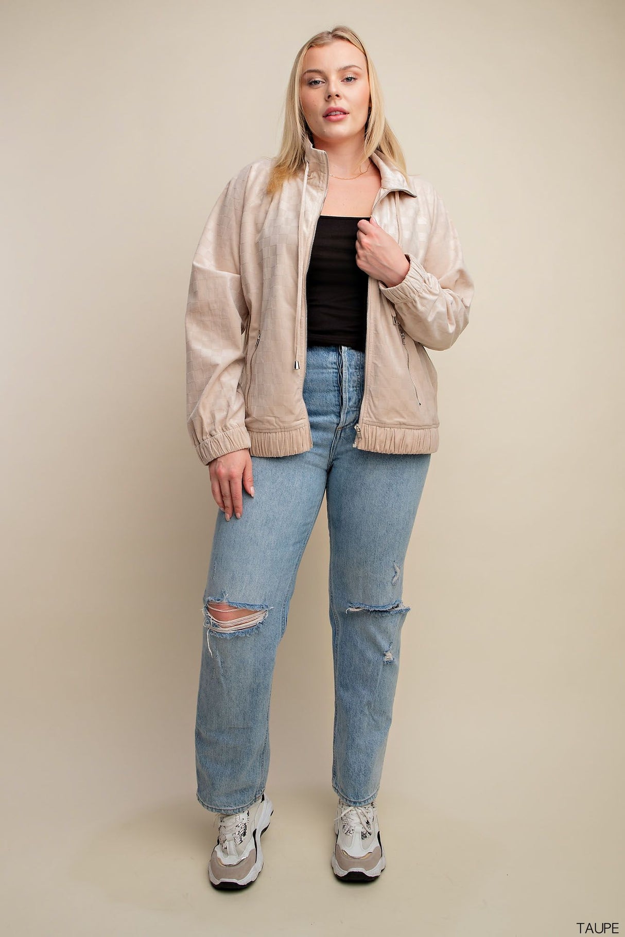 Check Burn Out Velvet Fabric Bomber Jacket