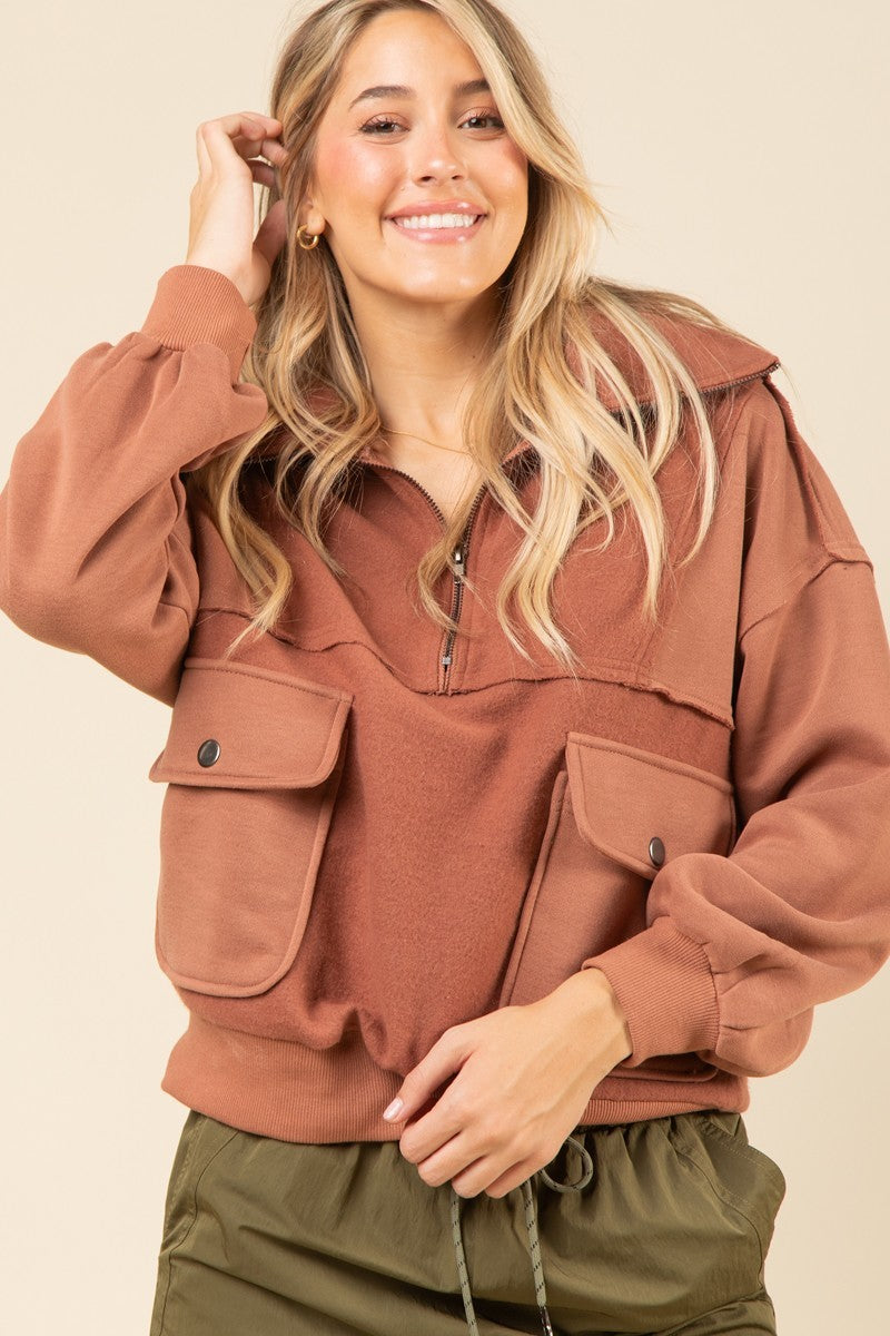 Cozy Oversized Half Zipper Knit Top with Pockets - Velvet Soft