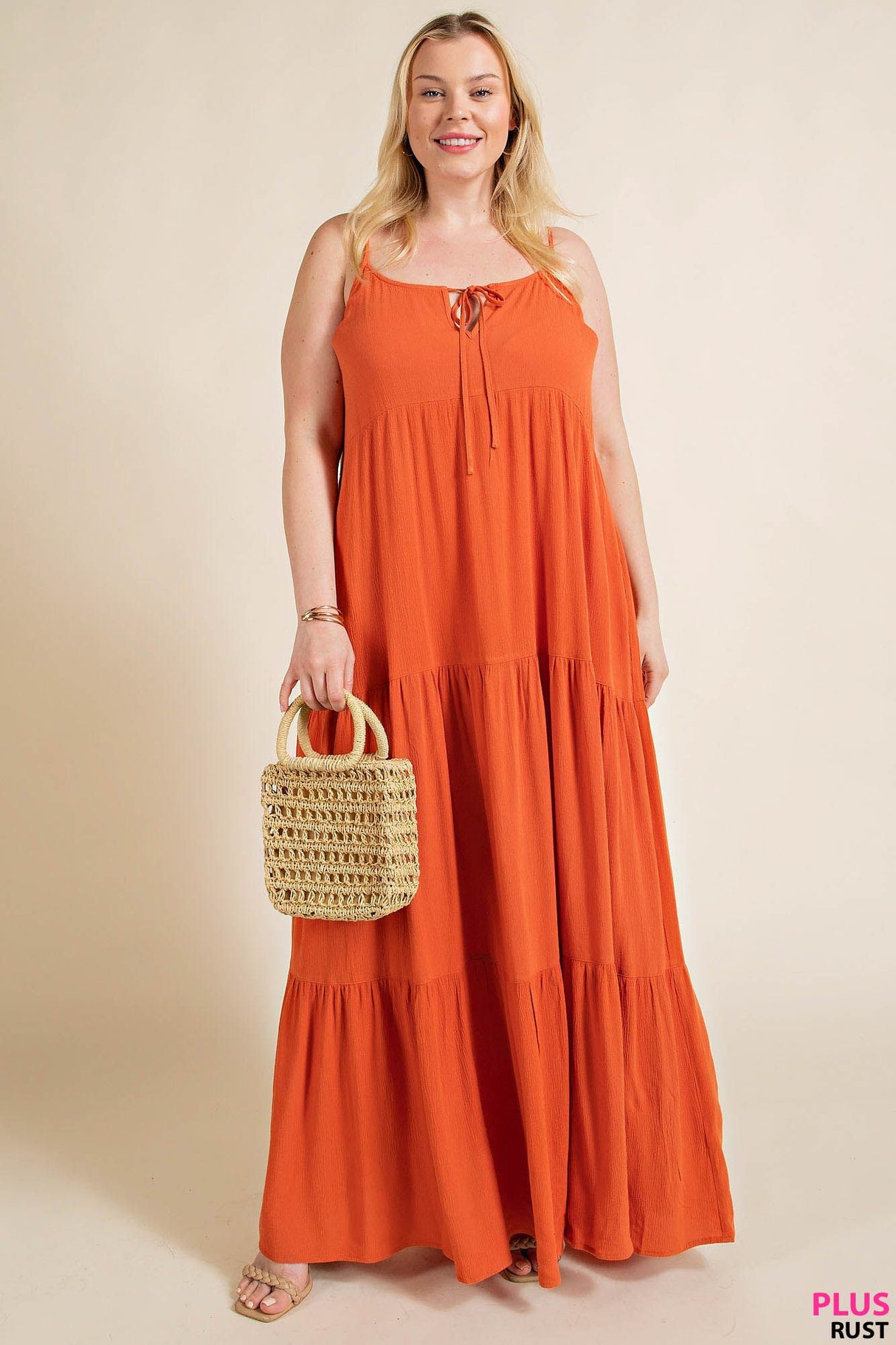 Maxi Tiered Dress with Front Ties - RUST