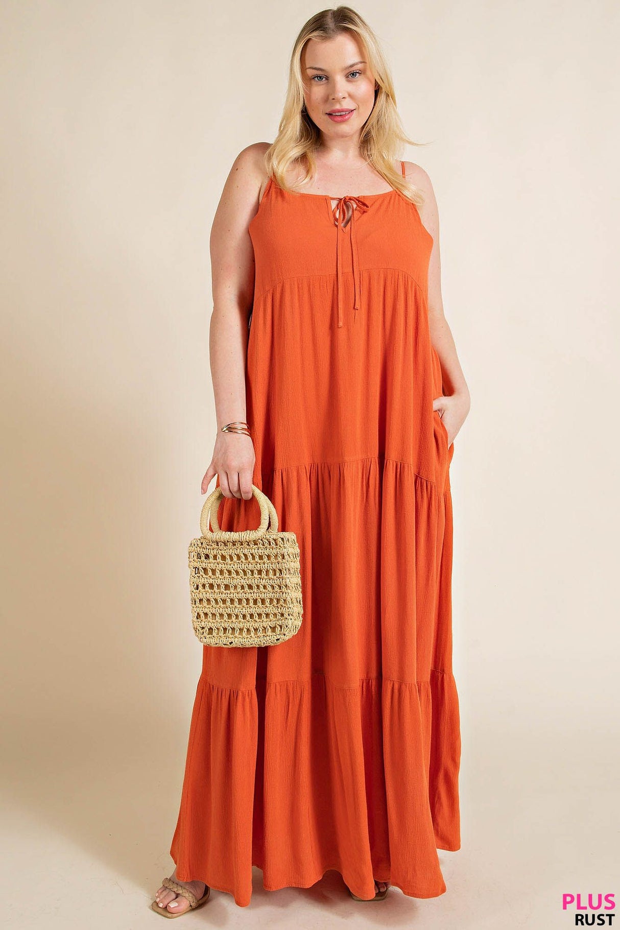 Maxi Tiered Dress with Front Ties - RUST