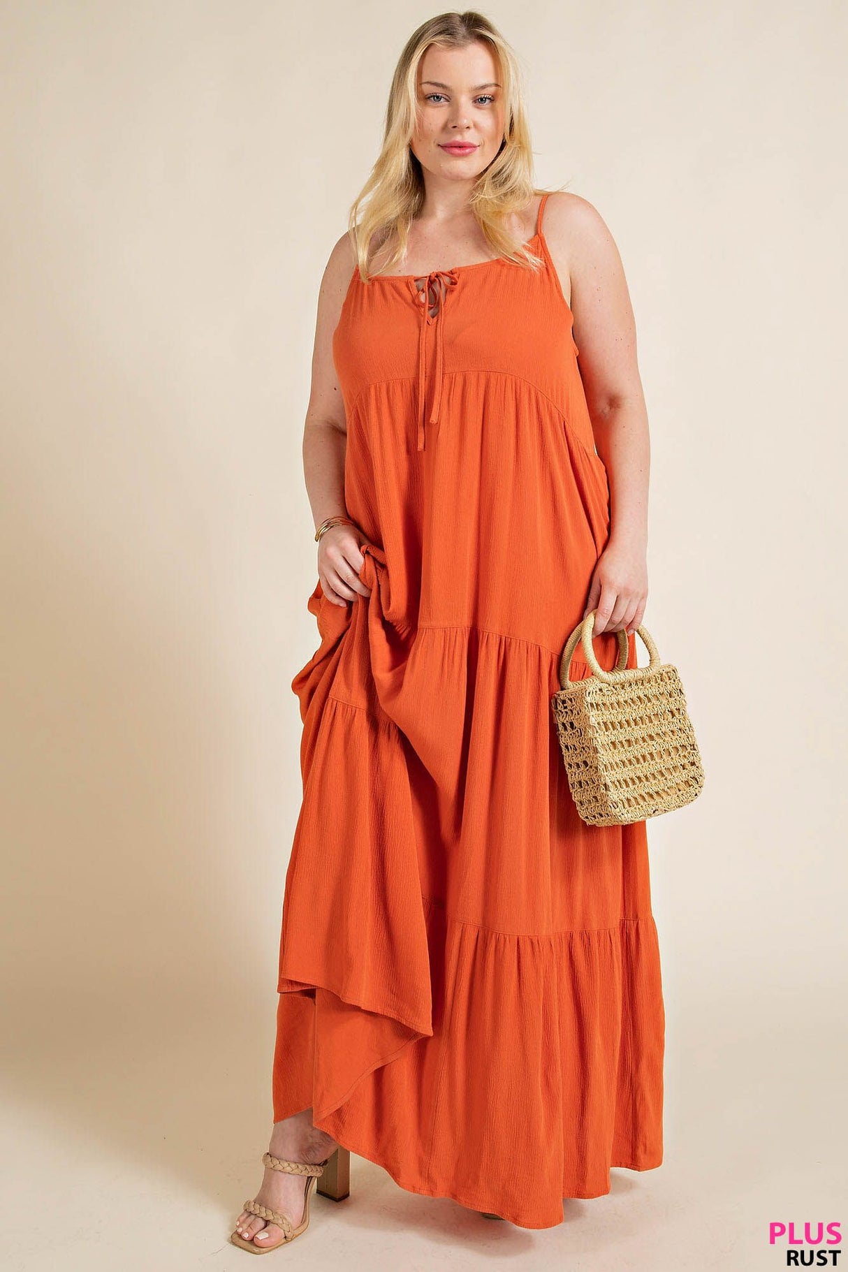 Maxi Tiered Dress with Front Ties - RUST