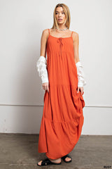 Maxi Tiered Dress with Front Ties - RUST