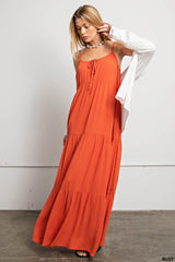 Maxi Tiered Dress with Front Ties - RUST