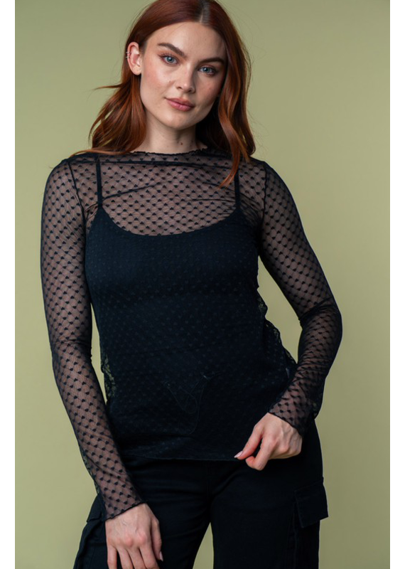 Heart Jacquard Mesh Long Sleeve Top W/O Lining