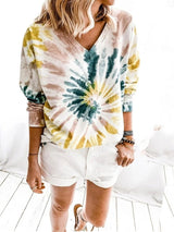 Long Sleeve Loose V-Neck Tie-Dye Shirt