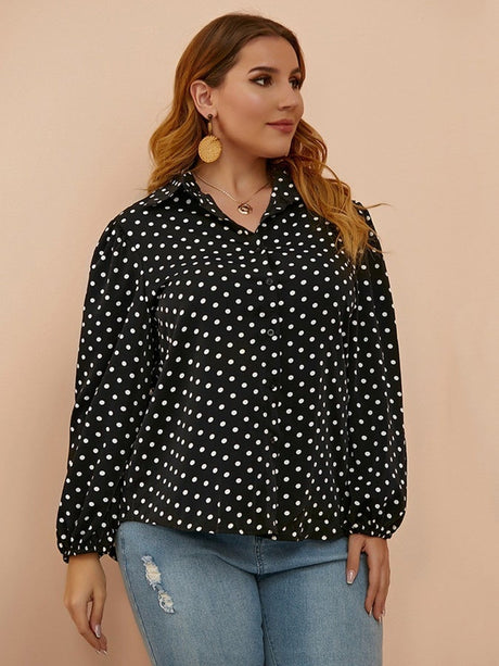 Plus Size Gather Sleeve Polka Dots Shirt