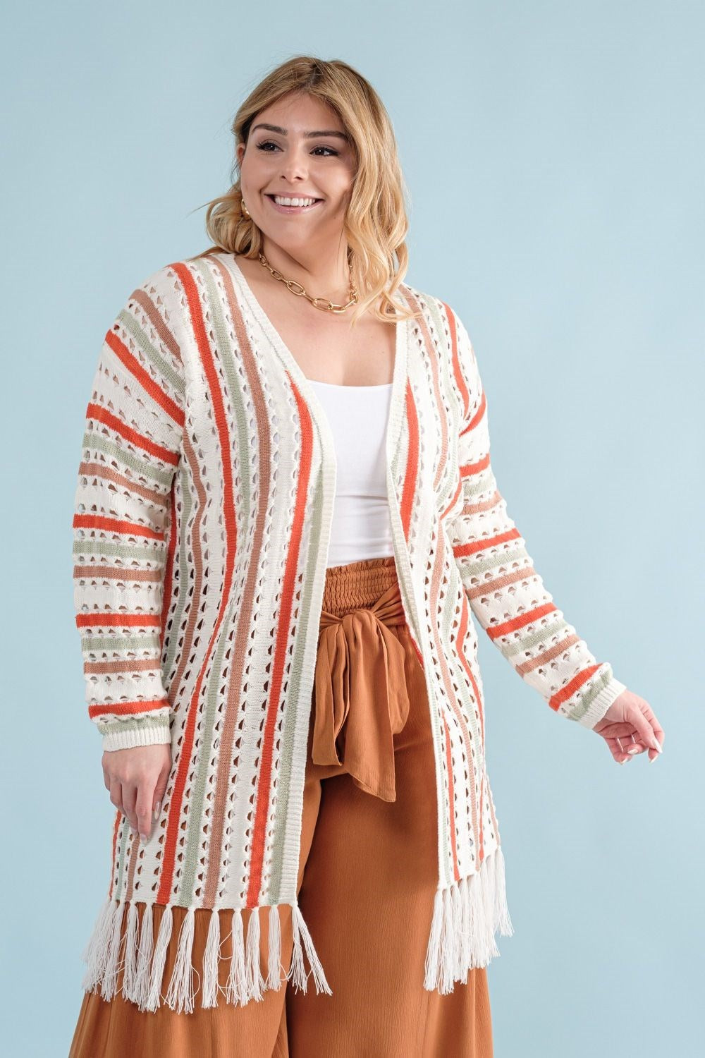 Multi-Color Striped Open Knit Fringe Cardigan