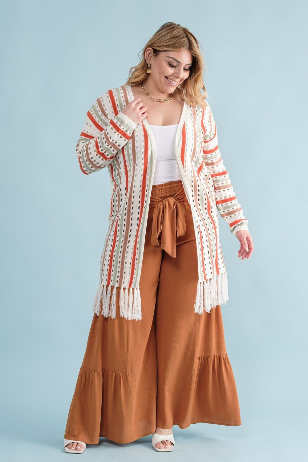 Multi-Color Striped Open Knit Fringe Cardigan