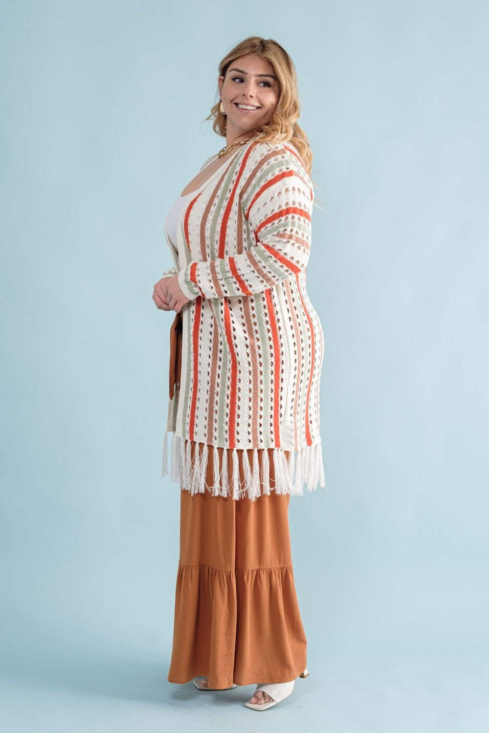 Multi-Color Striped Open Knit Fringe Cardigan