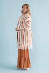 Multi-Color Striped Open Knit Fringe Cardigan