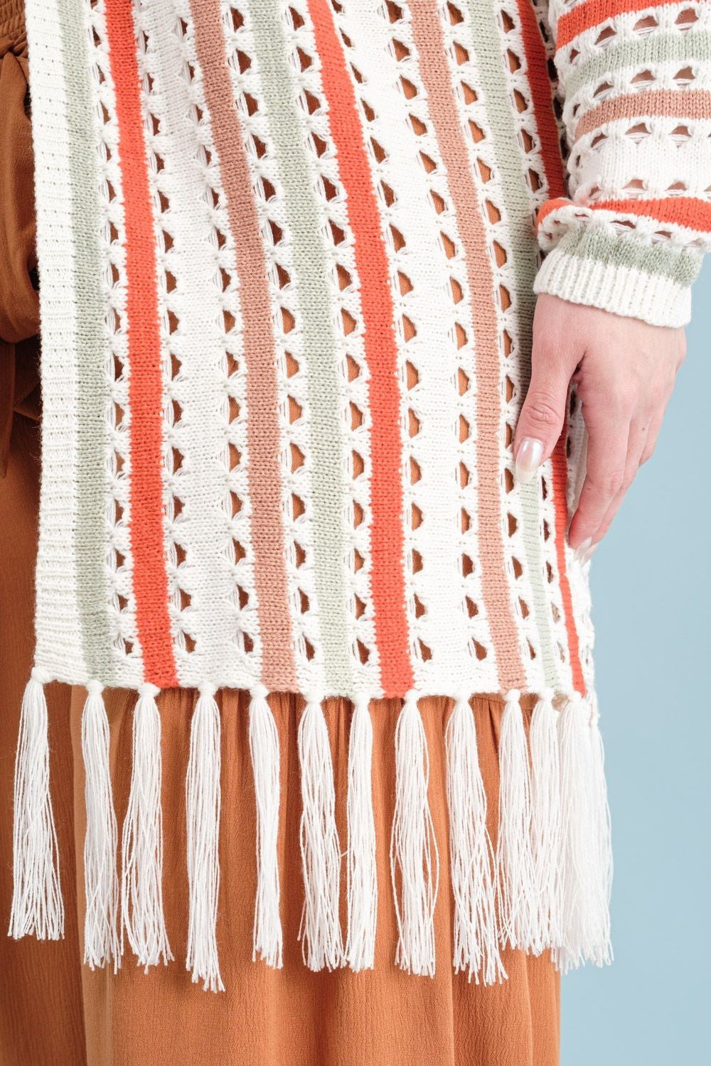 Multi-Color Striped Open Knit Fringe Cardigan