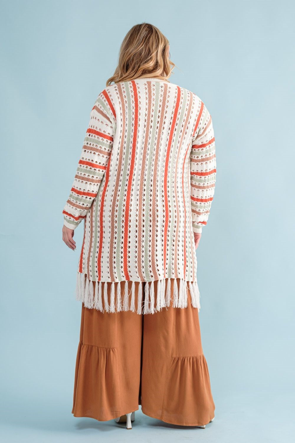 Multi-Color Striped Open Knit Fringe Cardigan