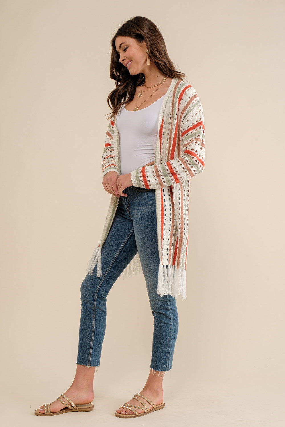 Multi-Color Striped Open Knit Fringe Cardigan