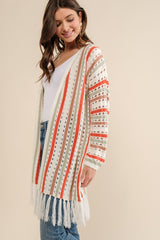 Multi-Color Striped Open Knit Fringe Cardigan