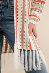 Multi-Color Striped Open Knit Fringe Cardigan