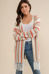 Multi-Color Striped Open Knit Fringe Cardigan