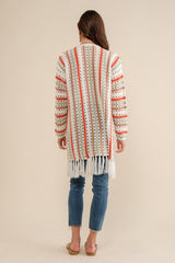 Multi-Color Striped Open Knit Fringe Cardigan