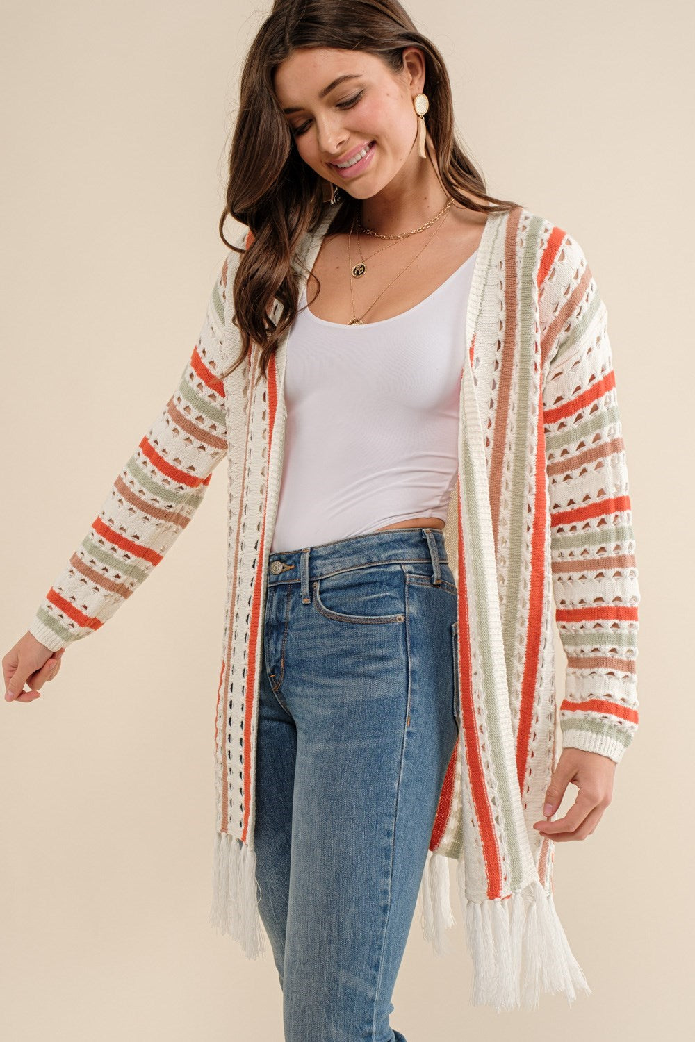 Multi-Color Striped Open Knit Fringe Cardigan