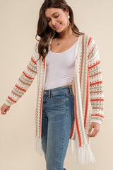 Multi-Color Striped Open Knit Fringe Cardigan