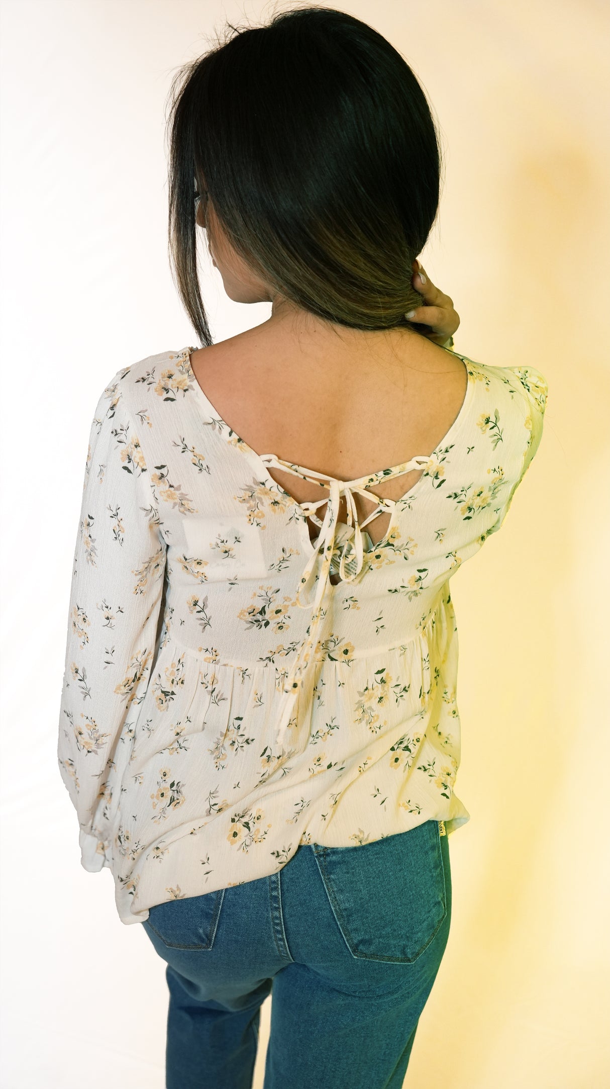 Floral V-Neck Tiered Tunic Long Sleeve Top with Lace Trim