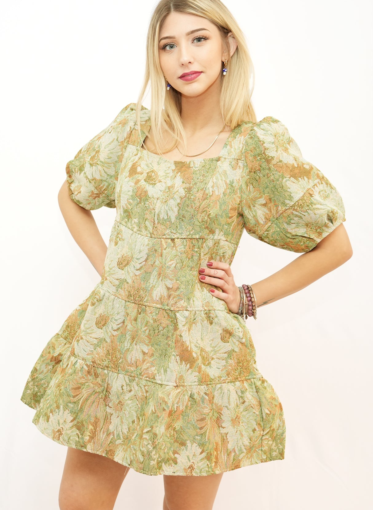 Jacquard Statement Sleeve Baby Doll Dress