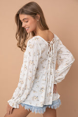 Floral V-Neck Tiered Tunic Long Sleeve Top with Lace Trim