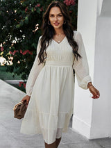 V-Neck Jacquard Shirring Chiffon Dress