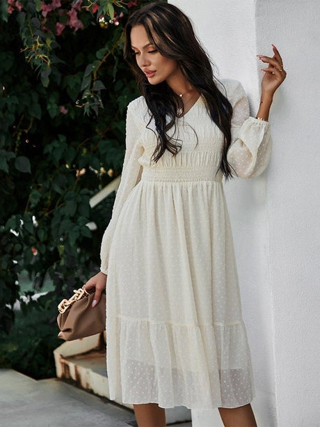 V-Neck Jacquard Shirring Chiffon Dress