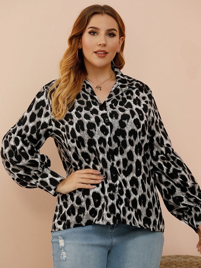 Plus Size Lantern Sleeve Leopard Shirt