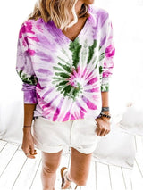 Long Sleeve Loose V-Neck Tie-Dye Shirt