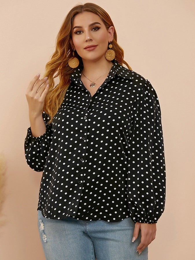 Plus Size Gather Sleeve Polka Dots Shirt
