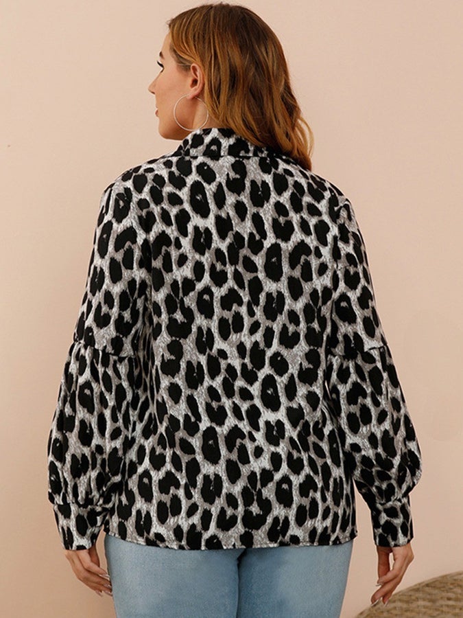 Plus Size Lantern Sleeve Leopard Shirt