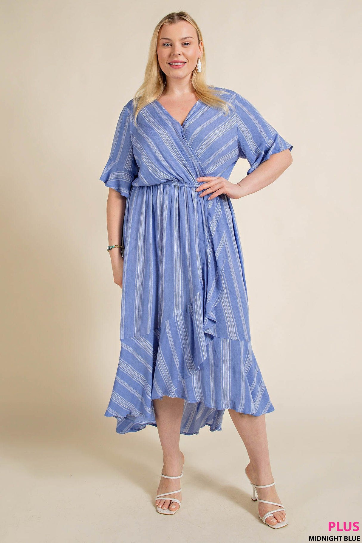 Faux Wrap Ruffle Hem Midi Dress with Short Sleeves