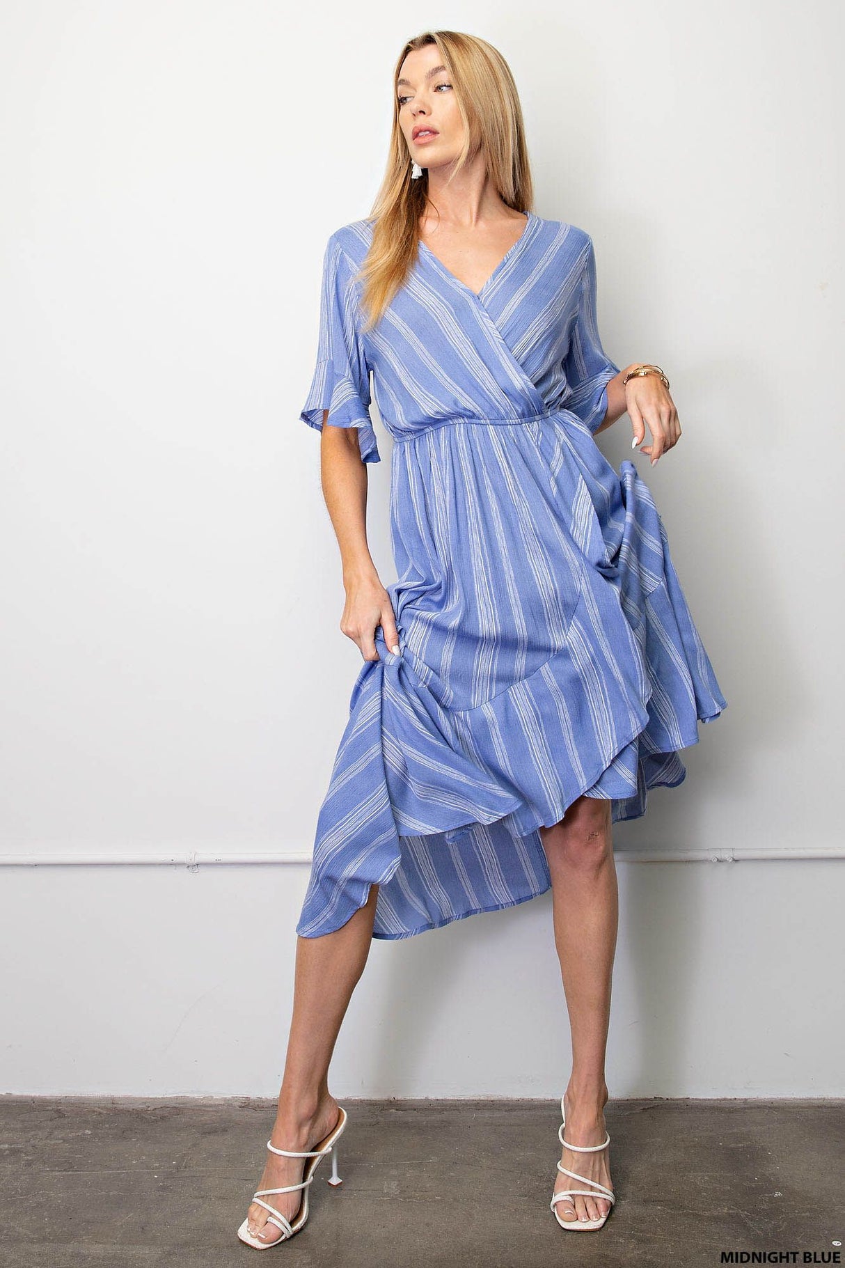 Faux Wrap Ruffle Hem Midi Dress with Short Sleeves