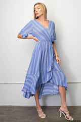 Faux Wrap Ruffle Hem Midi Dress with Short Sleeves